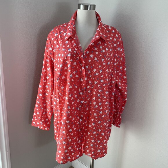 Woman Within Shirt Womens 2XL 26/28 Red White Heart Print Button Up Long Sleeve - Picture 1 of 9